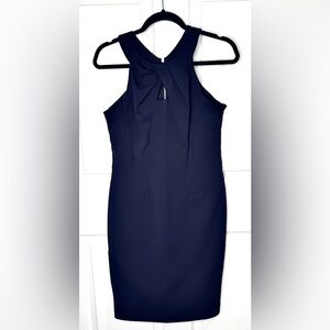 NY&Co Navy Blue Pleated Neck Sleeveless Midi Dress. Size M. Back Silver Zipper.